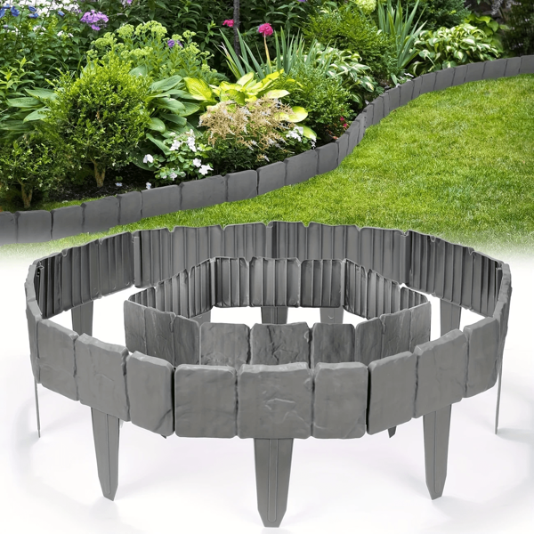 10-20-30 Pcs Modern Plastic Garden Fence Posts - Lawn, Garden And Landscape Edging, Faux Stone Design, Interlocking Stone Effect Border, Durable Weather-Resistant Plant Support Pillars For Lawn And Patio Decor (Grey And Black)