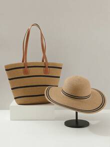 1顶草帽+1个草编包，度假休闲 - 卡其寬紋 - 查看 2