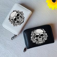 哥特式骷髅和花卉印花钱包，带卡槽，仿皮拉链开合 - 独立日和万圣节的完美礼物，适合男士钱包迷你钱包钱包卡包