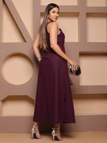 Controverso Elegant Linen Long Dress Spaghetti Straps With Slit Party Casual Chic - Màu tím - Xem 3