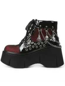 Goth Punk Women's Ankle Boots Thick Sole Round Toe Mesh Lace Up Zipper High Heel Chain Decoration All Season Solid Color Nightclub Party Boots - 紅色 - 查看 6