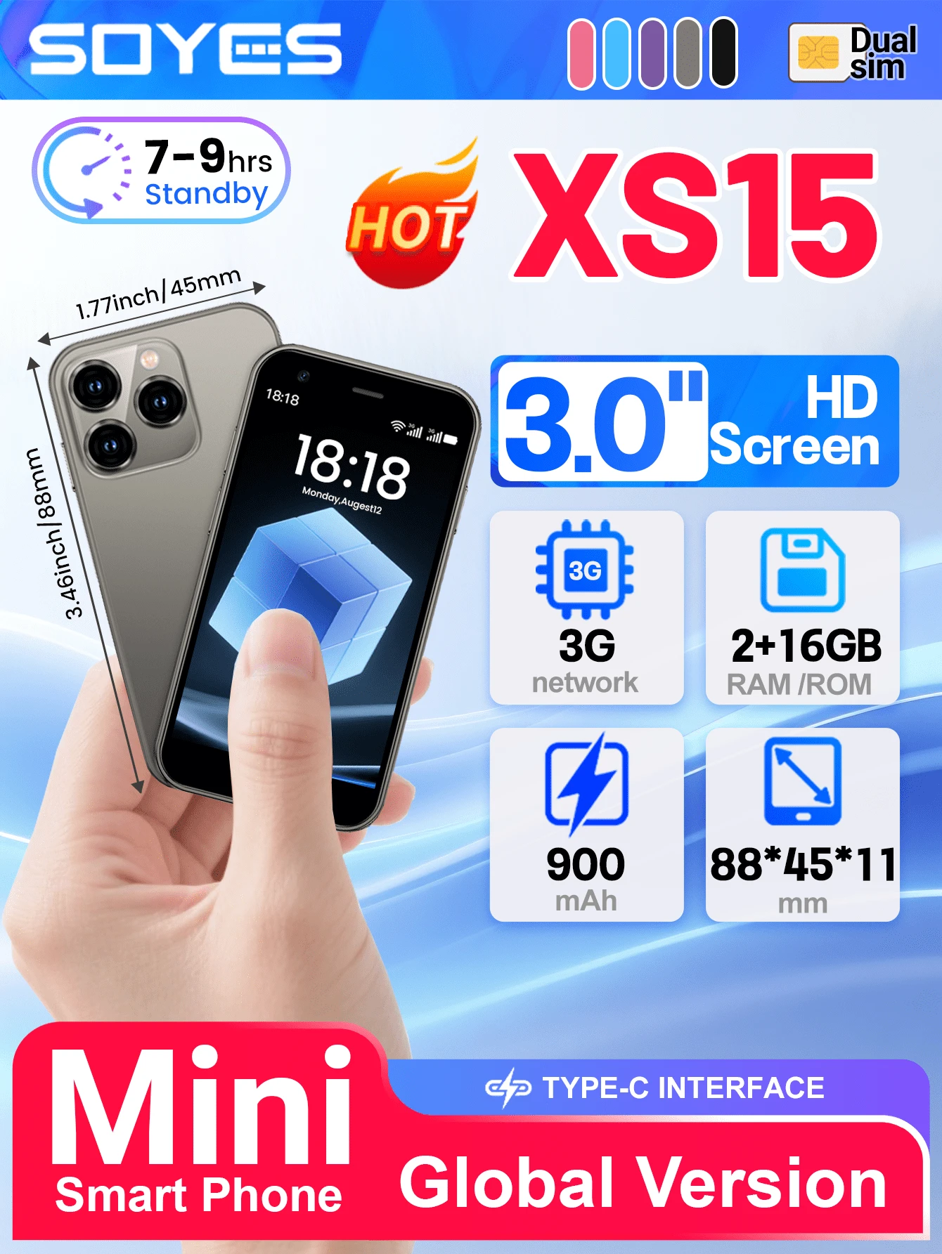 SOYES XS15 迷你小尺寸智能手机 3.0 英寸显示屏 Android 8.1 2GB RAM 16GB ROM 双 SIM 卡待机 Play Store 3G 小尺寸手机 1000mAh 小电池容量