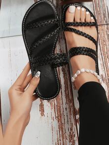 Plus Size Women Woven Flat Sandals, Beach Slippers, European And American Style - Black - View 2