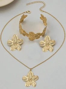 Conjunto de 4/3/2 peças de pulseira larga floral minimalista e elegante, brincos de pino, joias de anel para férias na praia, encontros, festas, banquetes e uso diário