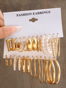 48/24/12pcs Bohemian Style Women Earrings Set, Classic Square & Round Faux Pearl Jewelry, Suitable For Daily Wear, Party, Vacation, Seasonal Gift