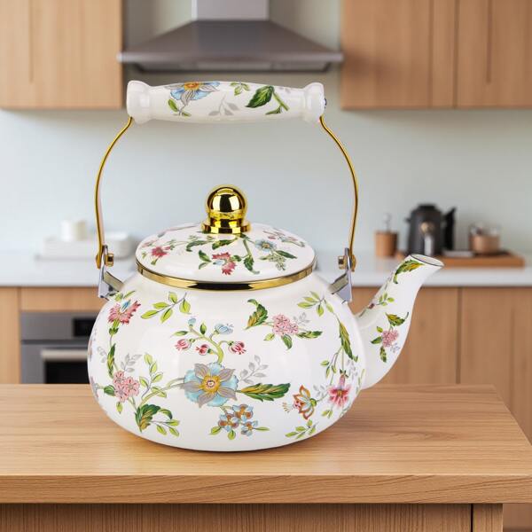 1pc Hand-Painted Floral 2.5L Enamel Coated Stainless Steel Coffee Pot, French Floral Coffee Pot, Suitable For Induction Cooktop And Open Flame, High Aesthetic Floral Tea Pot, Milk Tea Pot, Water Kettle, Applicable For Kitchen, Dining Room, Living Room, Cafe, Tea House, Beverage Shop