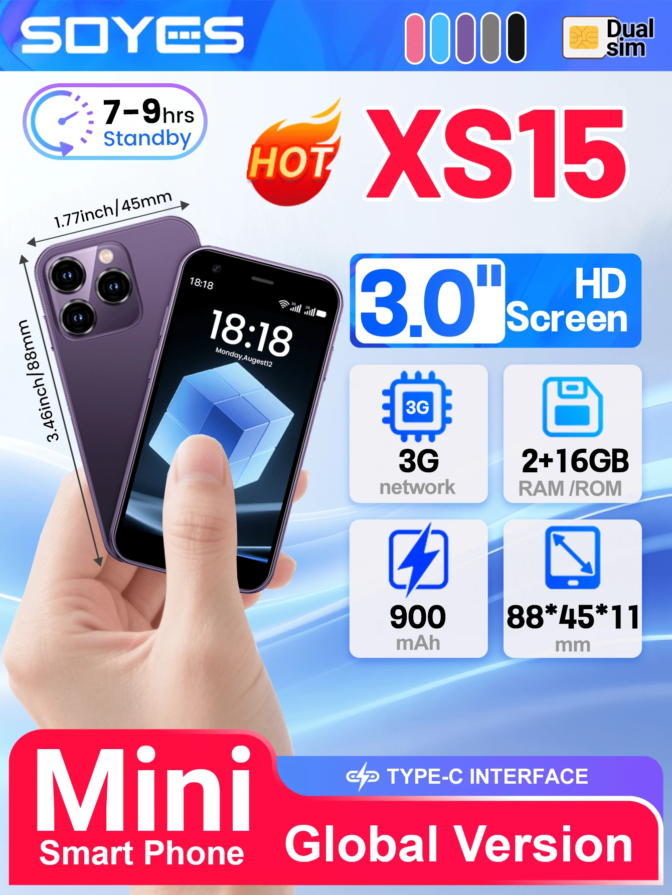 SOYES XS15 迷你小尺寸智能手机 3.0 英寸显示屏 Android 8.1 2GB RAM 16GB ROM 双 SIM 卡待机 Play Store 3G 小尺寸手机 1000mAh 小电池容量