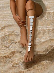 1pc Silver Fashion Metallic Geometric Circle Chain Linked With Brown Velvet Adjustable Leg Chain, Beach Style