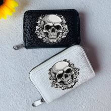 哥特式骷髅和花卉印花钱包，带卡槽，仿皮拉链开合 - 独立日和万圣节的完美礼物，适合男士钱包迷你钱包钱包卡包