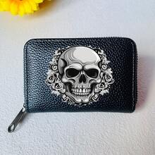 哥特式骷髅和花卉印花钱包，带卡槽，仿皮拉链开合 - 独立日和万圣节的完美礼物，适合男士钱包迷你钱包钱包卡包
