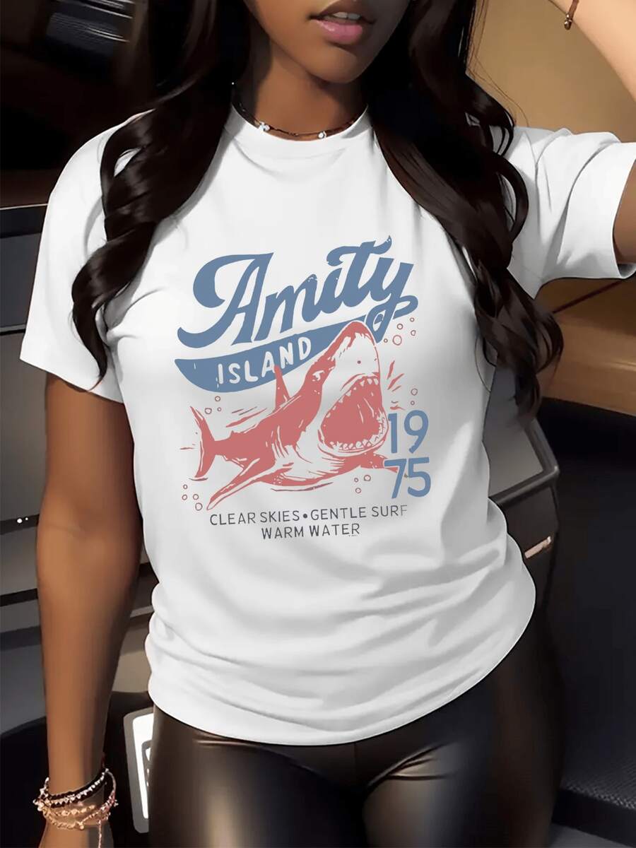 Women's 100% Cotton T Shirt Shark Graphic Print 220g T Shirt 1pcs Amity Island Vintage Casual Tee - 白色 - 查看 1