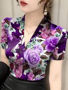 V领短袖T恤，时尚优雅丝滑修身印花吊带背心，女士夏季休闲度假装 - 紫色 - 查看 2