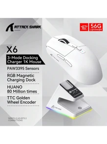 ATTACK SHARK X6 Lightweight Wireless Gaming Mouse With 3 Modes, Wired 2.4G Bluetooth 5.2, Charging Dock With Up To 26K DPI RGB Backlight, Suitable For Laptops