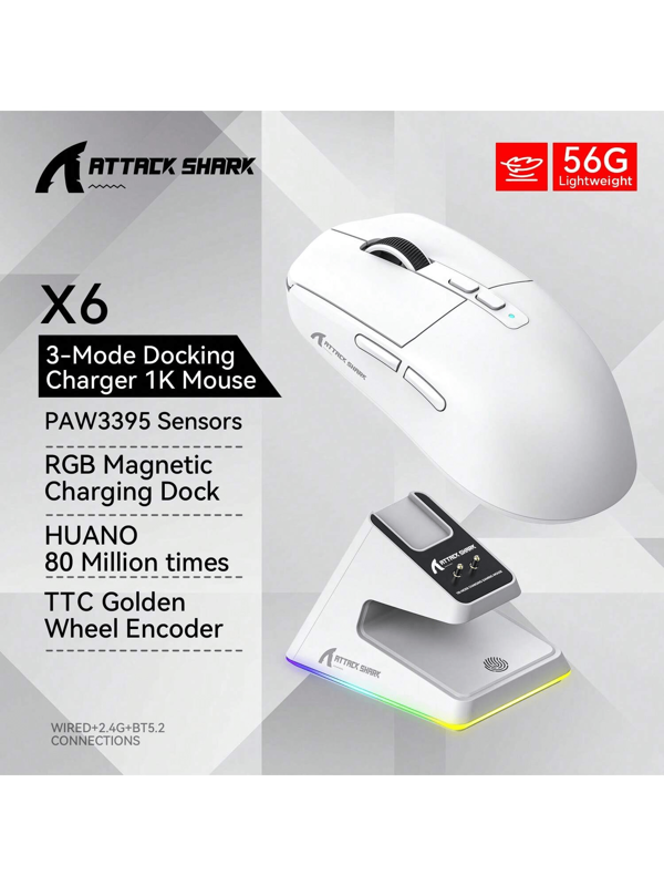 ATTACK SHARK X6 Lightweight Wireless Gaming Mouse With 3 Modes, Wired 2.4G Bluetooth 5.2, Charging Dock With Up To 26K DPI RGB Backlight, Suitable For Laptops