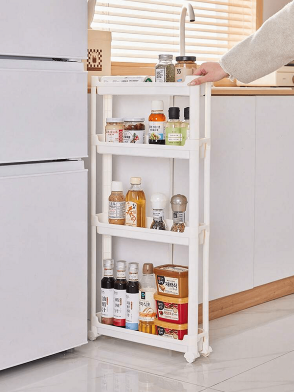 HOUSHELIF Carrello da cucina e bagno bianco salvaspazio, largo 9,5 cm/3,74 pollici, con ruote per uno stoccaggio stretto e dietro alla porta, per piccoli spazi, con ruote bloccabili