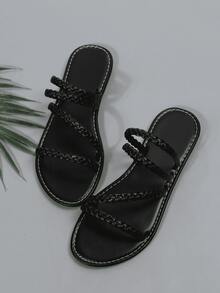 Plus Size Women Woven Flat Sandals, Beach Slippers, European And American Style - Black - View 5
