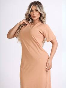 Kit 2 Women's Dress With Side Slit And Short Sleeve Midi 100% Cotton Elegant Casual Fashion - 黑色 - 裸色 - 查看 5