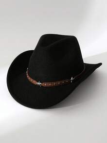 两件套西部牛仔服装，牛仔帽角色扮演配件，棕色牛仔帽儿童套装，趣味万圣节派对角色扮演，套装包含1顶牛仔帽和1条黑色头巾 - Black Cowgirl Hat(Star belt)+Black Bandana - 查看 3