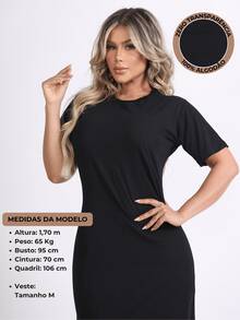 Kit 2 Women's Dress With Side Slit And Short Sleeve Midi 100% Cotton Elegant Casual Fashion - 黑色 - 裸色 - 查看 4