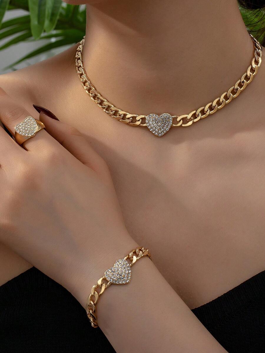 3pcs/Set Metallic Gold Heart Rhinestone Pendant Necklace, Bracelet, Ring Set For Women, Daily Accessories - Yellow Gold - View 1