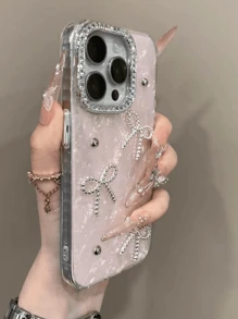 Funda de teléfono de lujo compatible con iPhone 16, 15, 14, 13, 12 Pro Max, 11 con diseño de concha de perlas 3D, lazo, brillo y cristales, cubierta trasera brillante