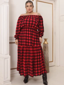 Plus Size Long Sleeve  Elastex Dress - Red Chess - View 1