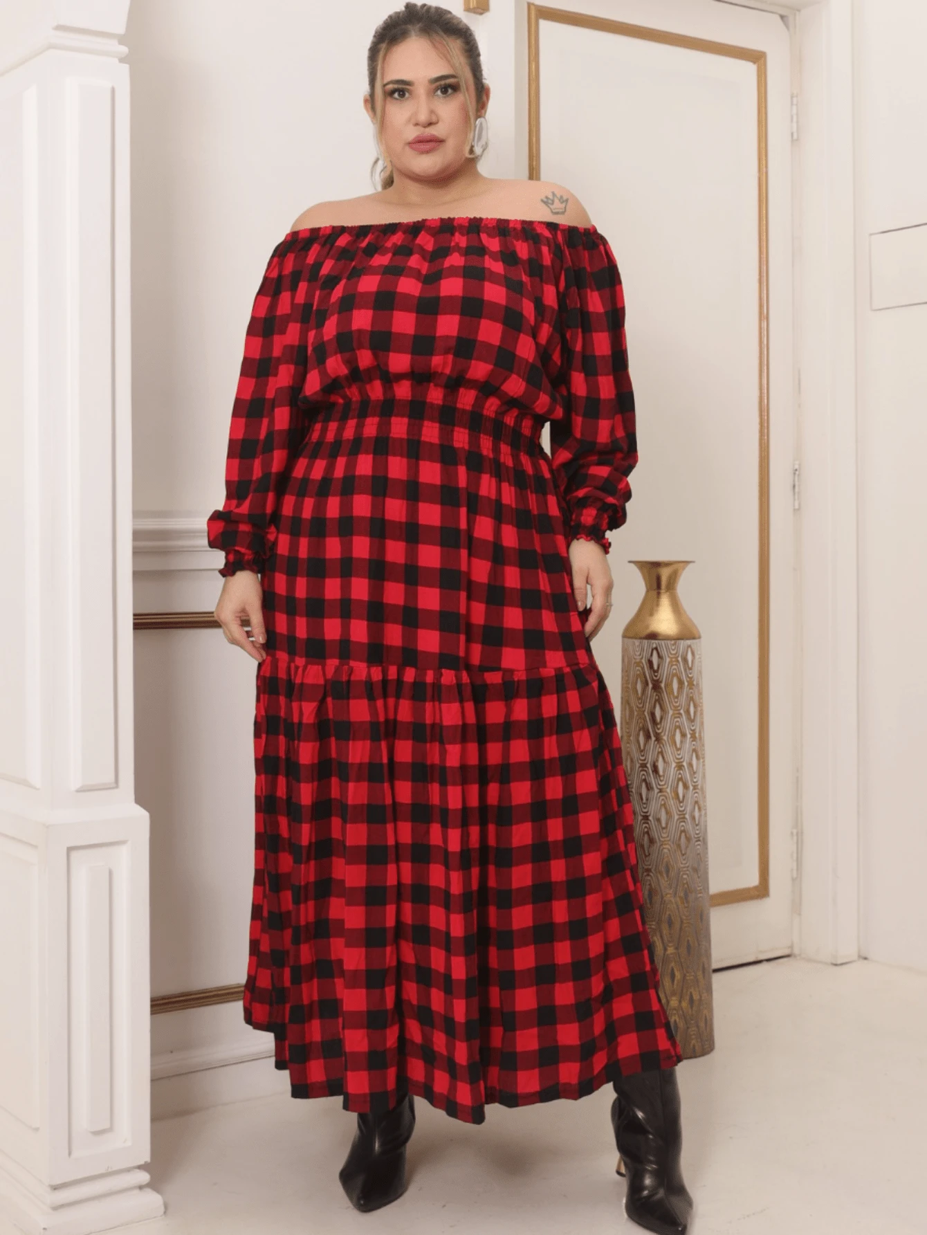 Plus Size Long Sleeve  Elastex Dress - Red Chess - View 1