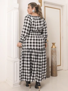 Plus Size Long Sleeve  Elastex Dress - White Chess - View 4