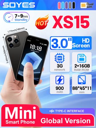  SOYES XS15 迷你小尺寸智能手机 3.0 英寸显示屏 Android 8.1 2GB RAM 16GB ROM 双 SIM 卡待机 Play Store 3G 小尺寸手机 1000mAh 小电池容量