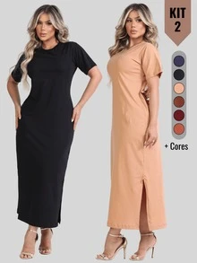 Kit 2 Women's Dress With Side Slit And Short Sleeve Midi 100% Cotton Elegant Casual Fashion - 黑色 - 裸色 - 查看 1