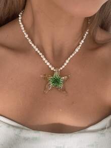 1 件绿色不对称仿珍珠玻璃海星吊坠项链，波西米亚树脂项链，适合女性日常佩戴、约会、夏季郊游、海滩、派对、节日、珠宝礼物 - 彩色 - 查看 5