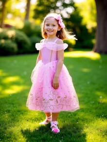 小女孩粉色花朵公主派对礼服 - 彩色 - 查看 3