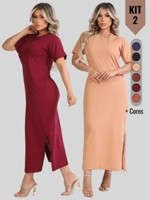 Kit 2 Women's Dress With Side Slit And Short Sleeve Midi 100% Cotton Elegant Casual Fashion - 葡萄酒 - 裸體 - 查看 1