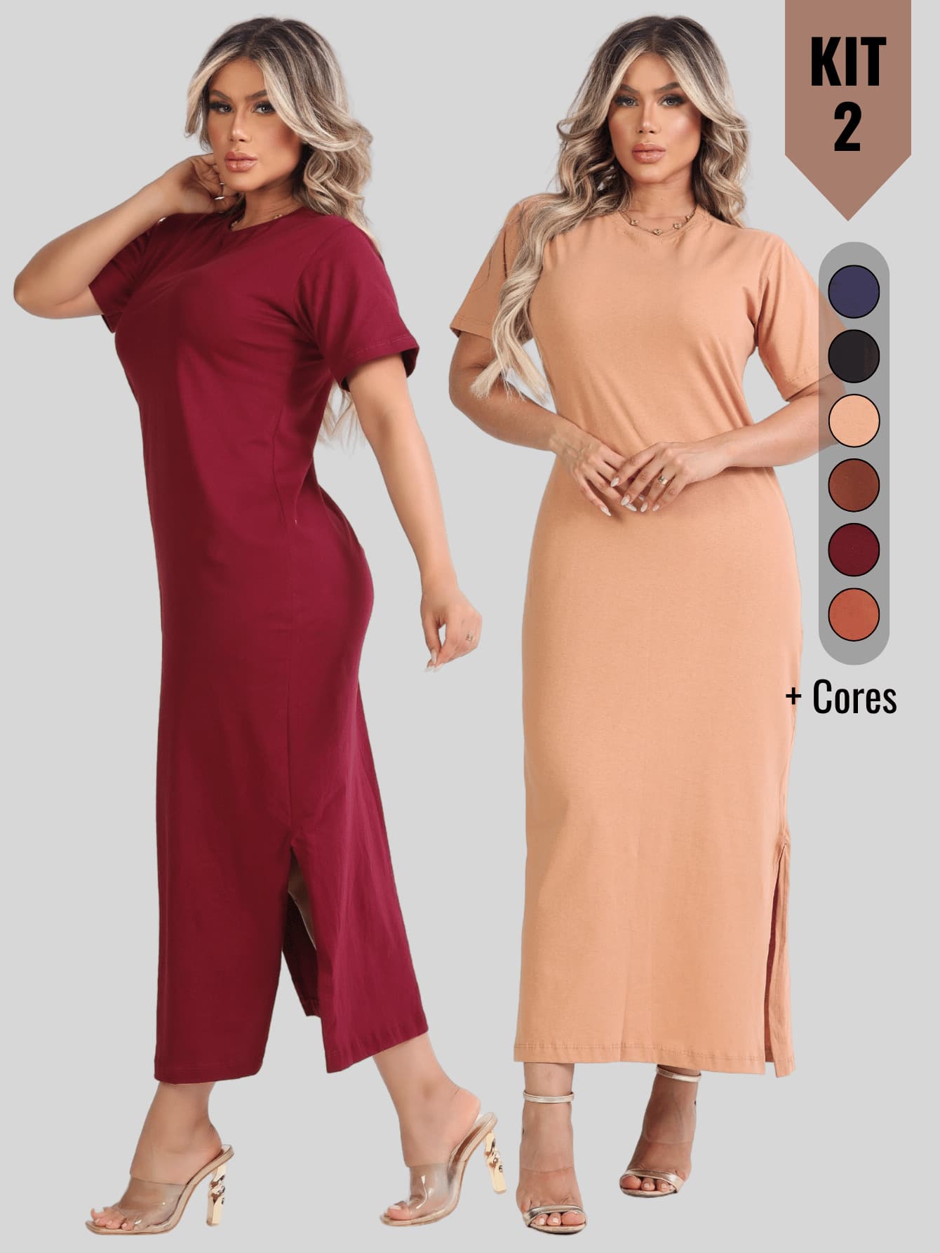 Kit 2 Women's Dress With Side Slit And Short Sleeve Midi 100% Cotton Elegant Casual Fashion - 葡萄酒 - 裸體 - 查看 1