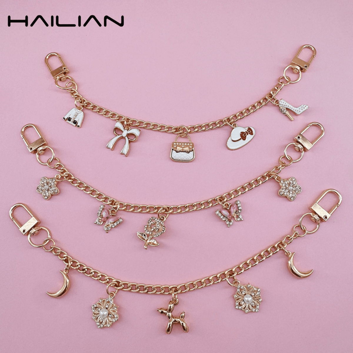 Alloy Bag Extension Chains, Bag Pendants And Shoulder Straps, Inlaid With Diamond Flowers, Bows, Balloon Dogs And Moons, Can Be Used As Bag Pendants, Extension Chains, Bag Shoulder Straps, And Are Also Suitable As Small Gifts For Family, Friends And Lovers On Birthdays, Holidays And Back-To-School Seasons.