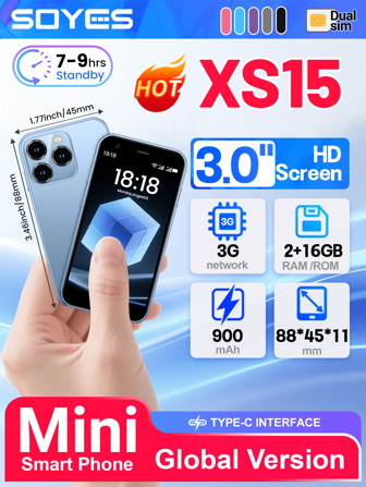 SOYES XS15 Mini Small Size SmartPhone 3.0" Display Android 8.1 2GB RAM 16GB ROM Dual SIM Standby Play Store 3G Small Size Phone 1000mAh Small Battery Capacity