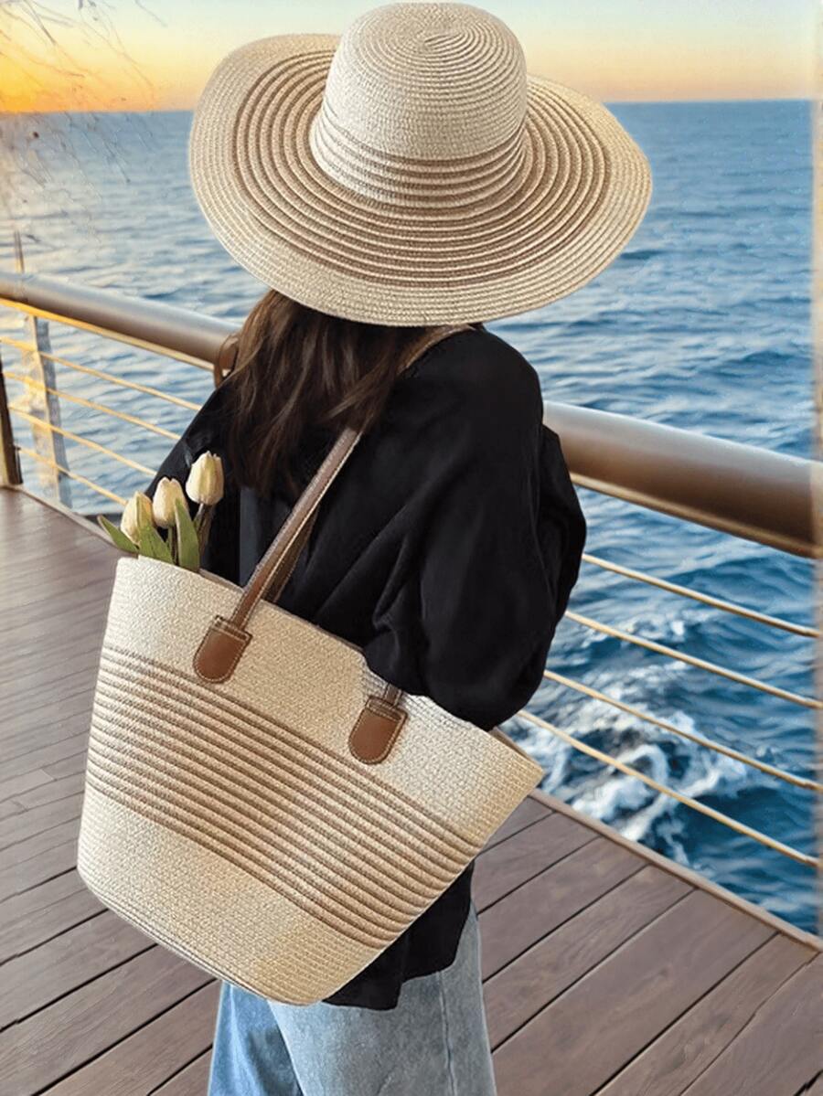 Set de 1 sombrero + 1 bolso en estilo bohemio para mujer, ideal para vacaciones - Beige y caqui - Ver 1