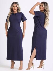 Kit 2 Women's Dress With Side Slit And Short Sleeve Midi 100% Cotton Elegant Casual Fashion - Rượu - Xanh - Xem 7