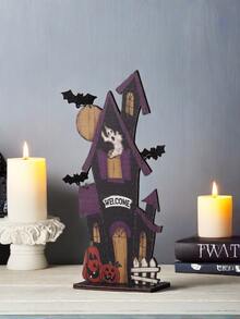 1 pieza Decoración de madera plana 2D de Halloween - Calabaza, fantasma, decoraciones de letrero de casa embrujada con diseño de calavera espeluznante, murciélago y telaraña para exhibición de mesa festiva, decoración de Halloween