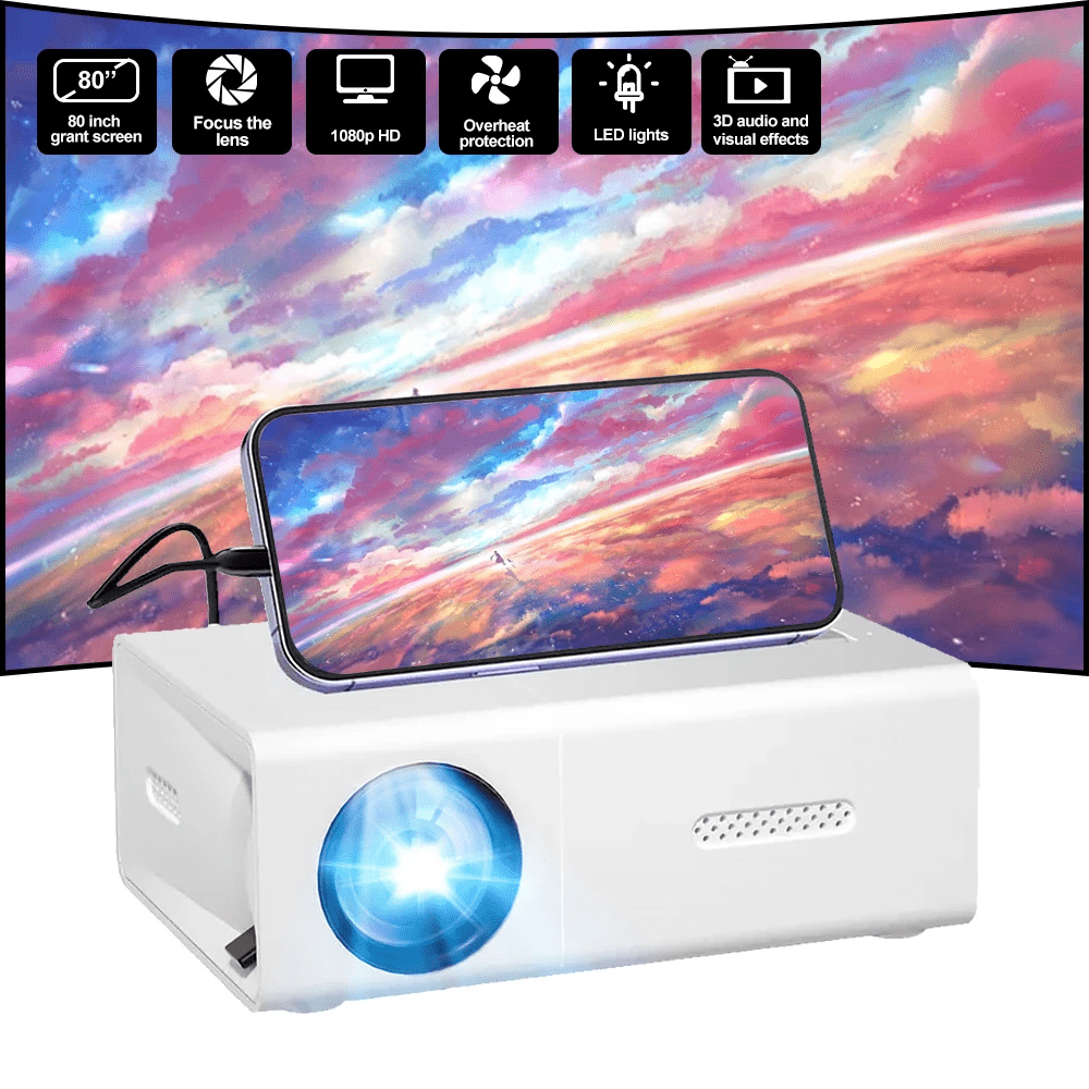 Portable Mini Projector Suitable For Multiple Scenarios, Home/Office/School/Party, Home Theater Effect, Built-In Speaker, Compatible With Smartphones & Tablets, Comes With Remote Control For Immersive Viewing Experience