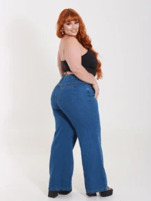 Calça Jeans Feminina Wide Leg Reta Plus Size Casual Elegante Versátil - Lavagem escura - Visão 2