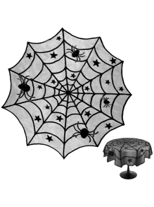 1pc 40 X 40 Inch Halloween Spider Web Round Tablecloth - Black Lace Star Table Runner, Gothic Party Horror, For Home Tabletop Decoration Halloween Party Decoration Home Decor Halloween Decor Fall Decor Room Decor Autumn Decor