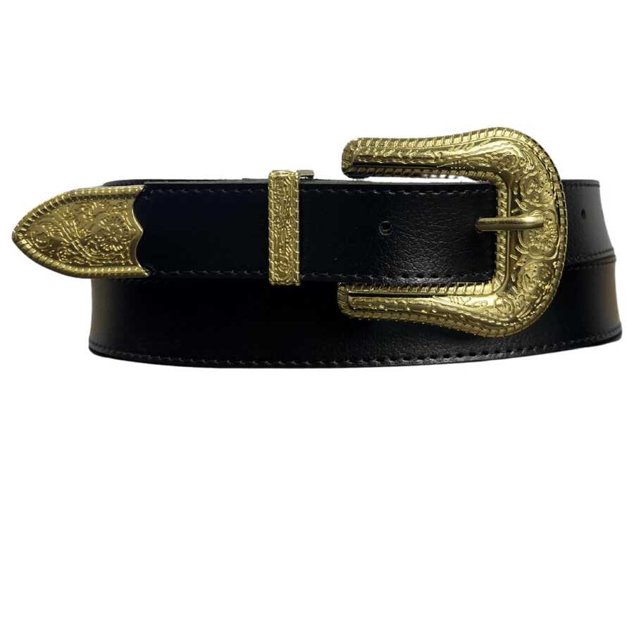Women Belts - Black Gold Buckle - View 1