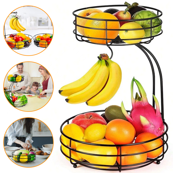 2-Tier Fruit Rack With Banana Hanger, Metal Wire Basket For Kitchen, Countertop Storage Racks For Vegetables, Bread, Potatoes(Round)