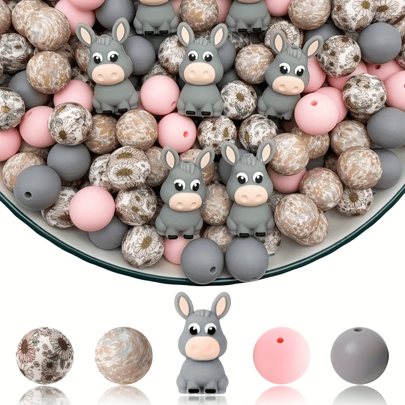 25pcs Silicone Donkey Bead Set - 3D Gray Donkey, Black Cat, Sloth, Otter Designs, Multicolored Animal Shaped Beads, Durable Silicone Beads Combination For DIY Crafts, Keychains, Bracelets And Necklaces | Handmade Gift Making Materials