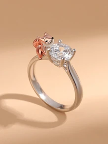 1pc S925 Silver Creative & Cute Fox Embraced 1 Carat Round Cubic Zirconia Ring, Jewelry Gift For Loved Ones