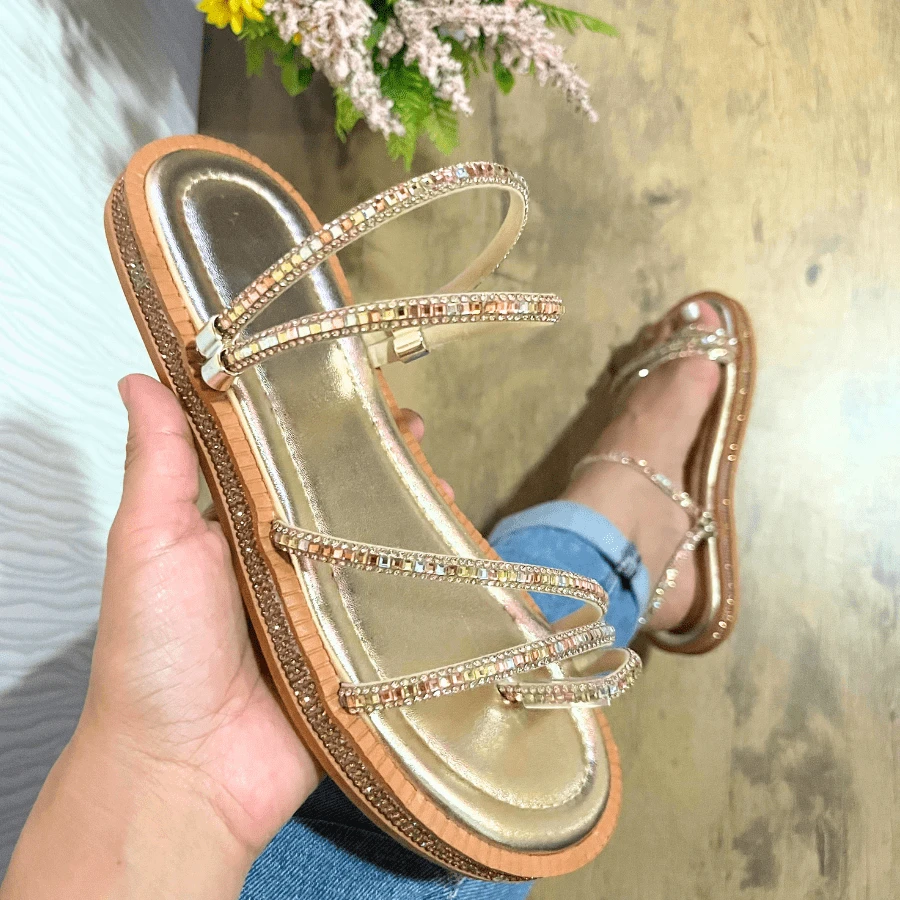 Women's Flat Luxury Rhinestone Flat Sandals 2 In 1 Bohemian Flatform Sandals White Gold Silver Black Shiny Party Launch Promotion - 金光金 - 查看 1