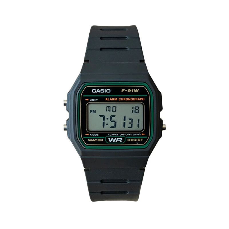 CASIO 男/女电子表 - 防水表带、日历、闹钟和秒表、复古学生电子小方表、橡胶材质、运动时尚、适合日常佩戴、F-91W-3 - 黑綠色 - 查看 1