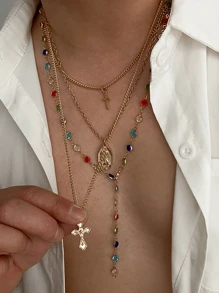 4/3/1 Set modischer, sexy, übertriebener vintage Kreuz, Seestern, Blumen, bunte Perlenimitation, Kristall-Geometrie-Muster Kupfer-Halsketten-Set für Frauen, Strand, Date, Party, Geschenke, alltägliches Styling