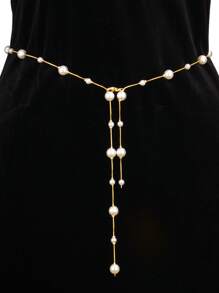 1 Pc Faux Pearl Irregular Bead Tassel Waist Chain, Alloy Faux Pearl Beaded Tassel Decorative Belt, Asymmetrical Waist Chain, Retro Versatile Body Chain, Suitable For Dress Decoration And Jeans, Women's Waist Accessories